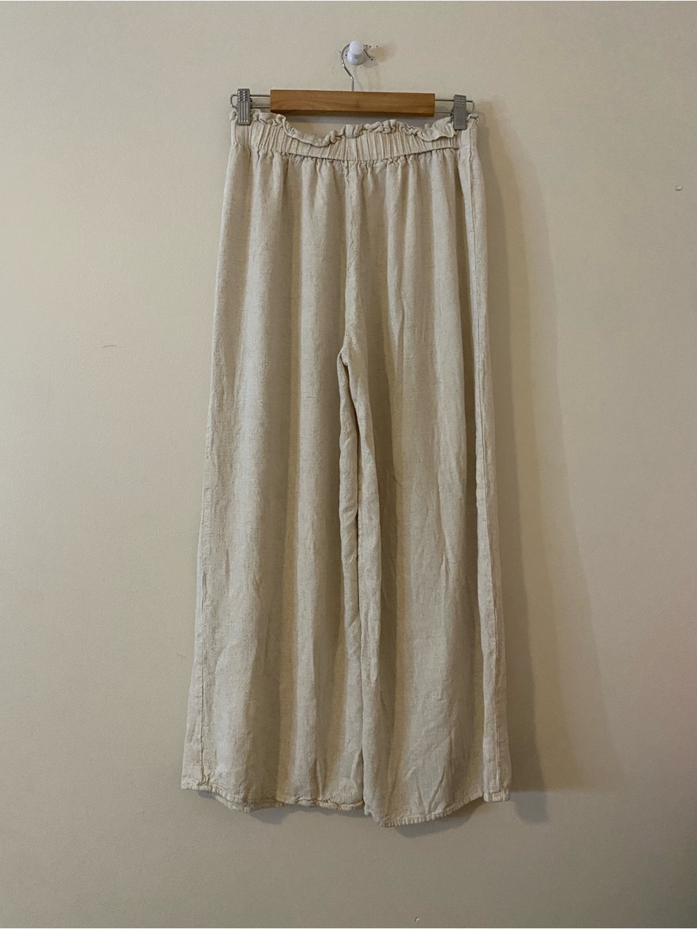 Aakaa Cream Linen blend cropped Wide-Leg Elastic Waist Pants